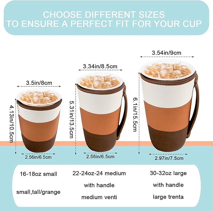KJQJLY 3 Pack Reusable Iced Coffee Sleeves for Iced Coffee Cups or Drinks Reusable Neoprene Insulated Sleeves for Hot and Cold Drinks from Starbucks, Dunkin, And More (Mocha Brown)