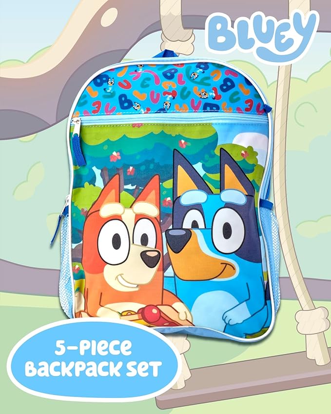 Fast Forward Bluey Kids Backpack and Lunch Box Set - 15" Bookbag Backpack for Boys & Girls with Detachable Lunch Bag Set, Bluey Blue And Friends