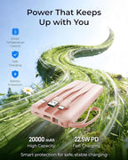 VRURC Portable Charger Slim 20000mAh Power Bank,22.5W PD Fast Charging Travel Essentials Powerbank 4-Built-in-Cables&2 Extra Ports Compatible with iPhone,iPad,Galaxy,Android (Pink)