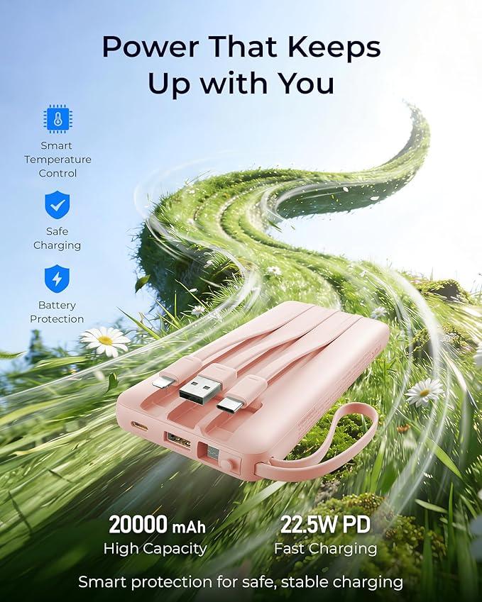 VRURC Portable Charger Slim 20000mAh Power Bank,22.5W PD Fast Charging Travel Essentials Powerbank 4-Built-in-Cables&2 Extra Ports Compatible with iPhone,iPad,Galaxy,Android (Pink)