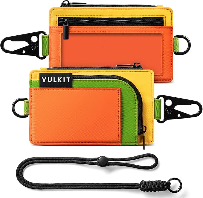 VULKIT Water-Resistant Keychain Wallet with Lanyard for Men and Women, Outdoor Zipper Pouch Wallet with Clear ID Window, for Hiking, Fishing, Skateboard and any Outdoor Activities, Citrus Trail