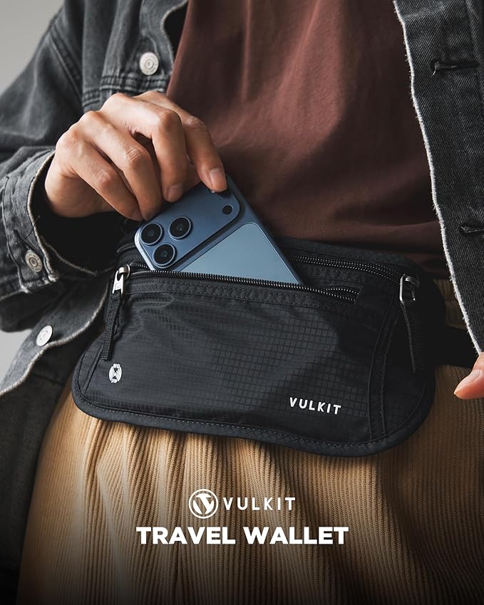 VULKIT Money Belt for Travel, Hidden Passport Holder, Anti-Theft Travel Wallet Under Clothes, RFID Blocking Waist Pouch, Undercover Fanny Pack, Carbon Black