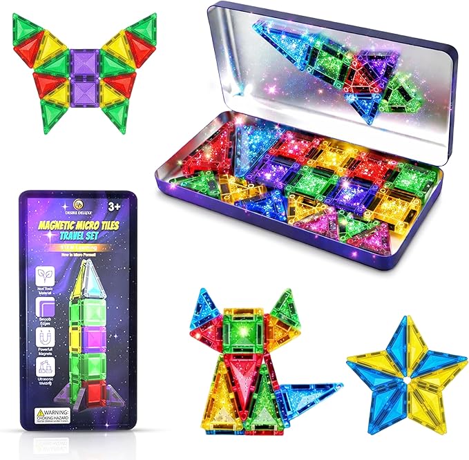 Desire Deluxe Micro Magnetic Tiles Building Blocks Toy - STEM Educational Travel Size Magnetic Blocks for Kids, Learning Sensory Montessori Toddler Magnetic Toys 3+ YO (Glitter, 18pc)