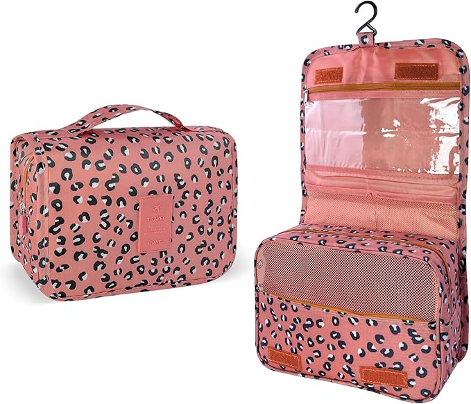 Lcsmaokin Large Capacity Toiletry Bag Travel Bag with Hanging Hook for Men and Women Waterproof Travel Cosmetic Bag Bathroom Storage Bag for Brushes Set,Full-Sized Shampoo,Accessories-Pink Leopard