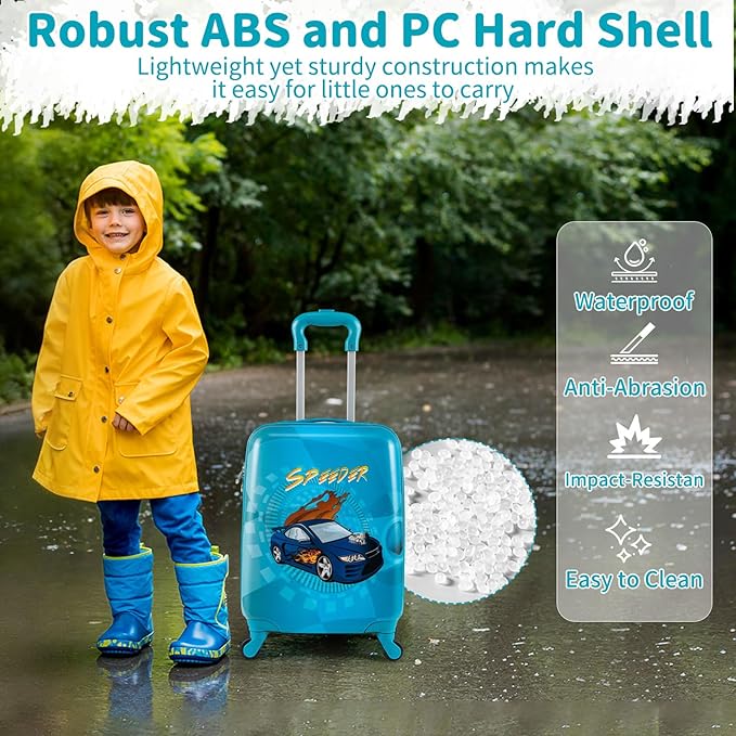 Goplus 2 PCS Kids Luggage, 13" & 16" Carry-on Suitcase w/Spinner Wheels, Telescopic Handle, Hard Shell Rolling Trolley Luggage for Toddler Boys Girls Travel, Airline Approved (Blue, Racing Car)