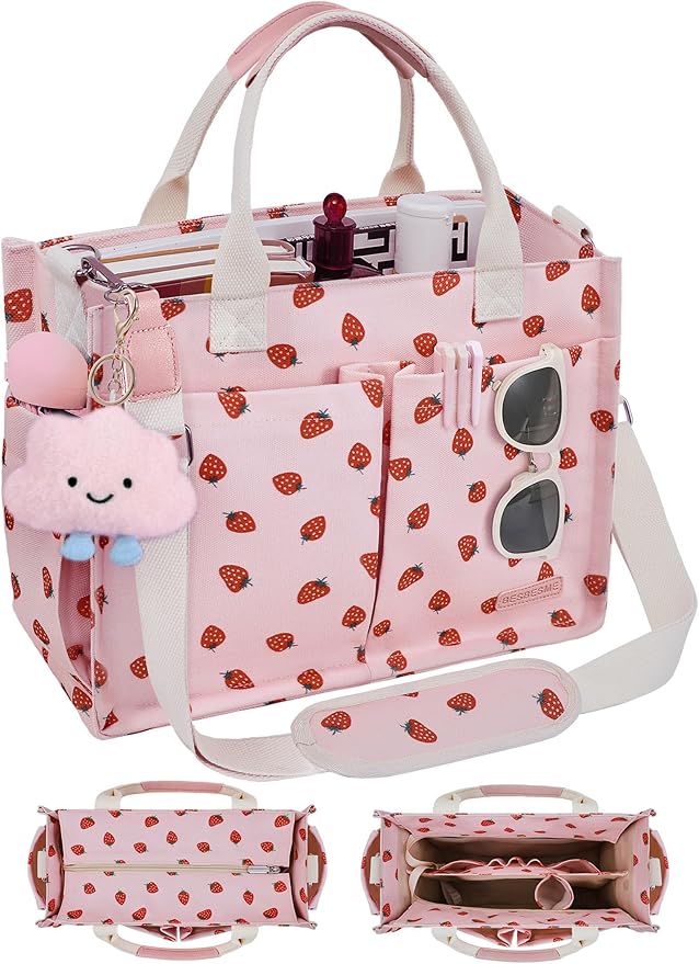 BESBESME Canvas Tote Bag for Women with Zipper & Compartments– Large Work & College Laptop Tote Crossbody Shoulder Bag