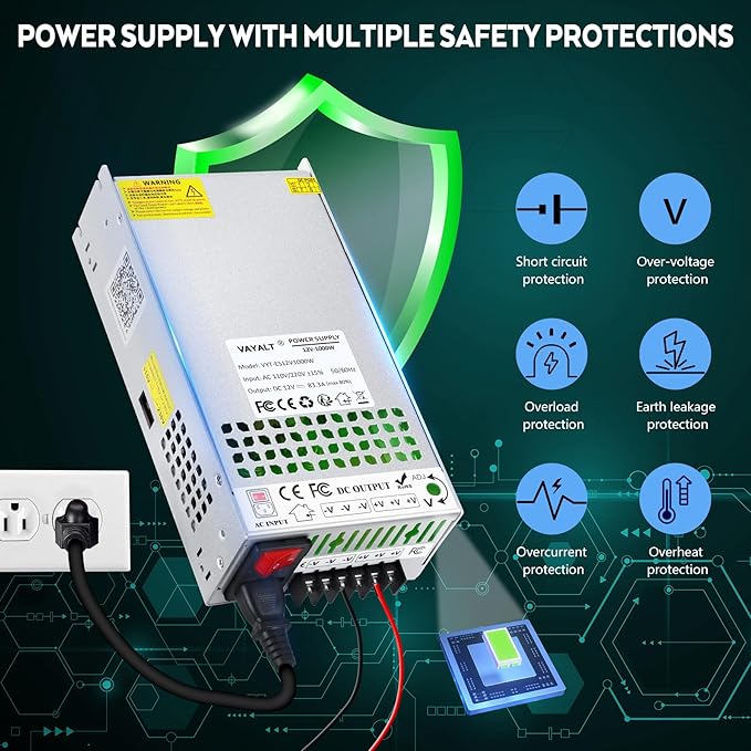VAYALT DC 12V 83.3A 1000W Switching Power Supply, 110V/220V AC to DC Converter, Universal Regulated Switching, 12V Power Supply for CCTV Camera System, 3D Printer, LED Strip, Computer Project