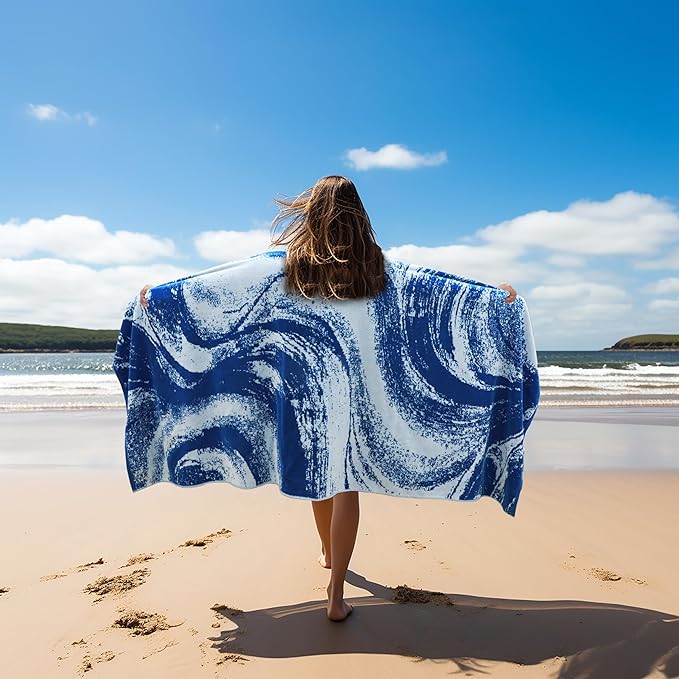 COTTON CRAFT Oversized Beach Towel - 2 Pack 35 x 70 inches XL Beach Towel - Summer Wave - 100% Cotton Jacquard Velour - Big & Huge Thick Plush 450 GSM Super Soft Luxury Towel - Pool Picnic Bath - Blue