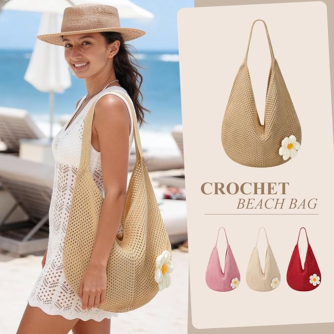 Premillow Crochet Beach Bags for Women, Summer Beach Tote Bag, Mesh Cute Beach Purse, Aesthetic Knit Bag Handbag Shoulder Bag