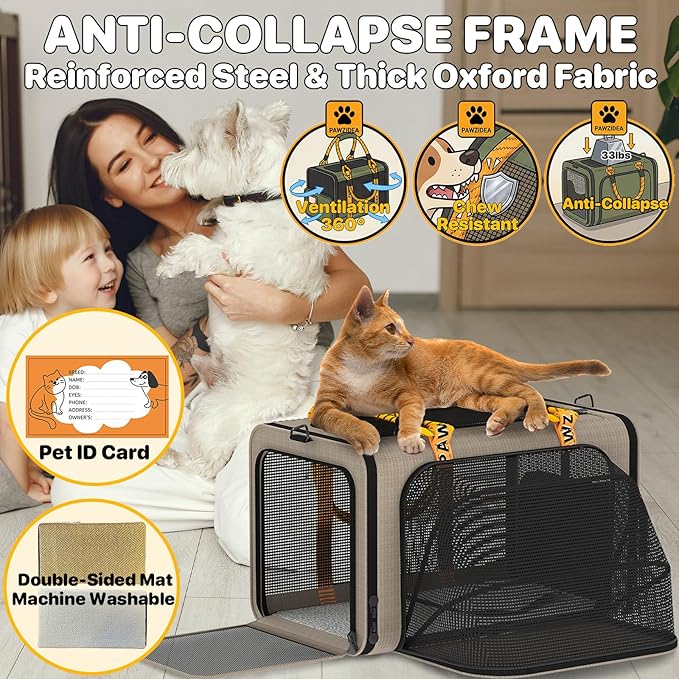 PAWZIDEA Expandable Pet Carrier Airline Approved, 18"×11"×11" Small Dog Carriers, Collapsible Top-Load Cat Carrier for 2 Cats Under Seat, Soft-Sided Puppy & Animal Travel Bag, ID Card, Up to 15lbs