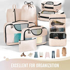 8 Set Packing Cubes for Luggage,Suitcase Organizer in 4 Sizes with Hanging Toiletry Bag and Large Laundry Bag, Carry-On Luggage with Accessories Bag, Cream