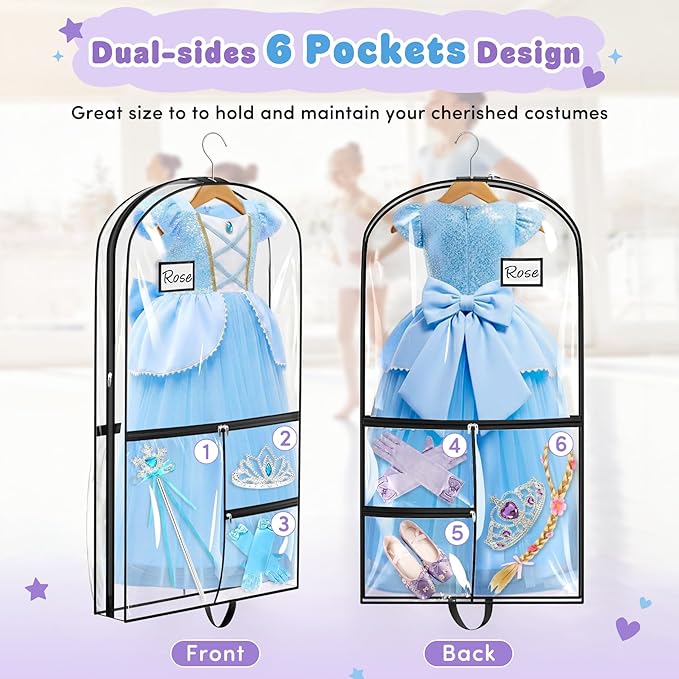 SLEEPING LAMB Dual-sided 6 Pockets Dance Garment Bags for Dancers, 40" Clear Kids Dance Costume Bag for Dance Competition Hanging Garment Bag for Ballet, Outfits, Cheer Uniform, Dress, 2 Packs, Black