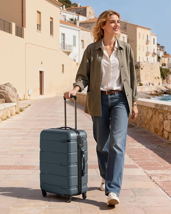 Coolife Medium Checked Luggage Hardside PC+ABS Suitcase with TSA Lock, Lightweight Rolling Carry On with Spinner Wheels(Teal, 24in)