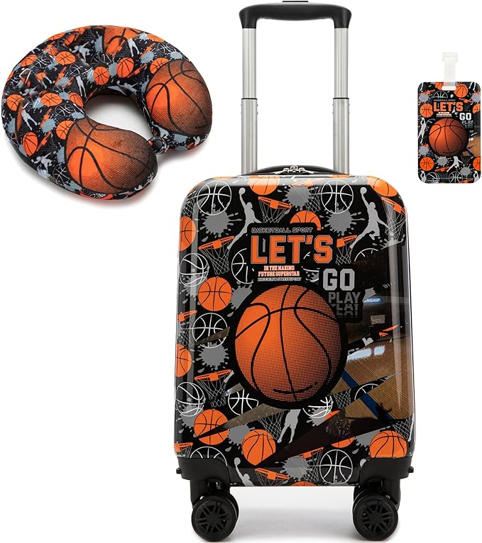 Kid’s Luggage Set 2 Piece Suitcase Set 16’’ Hardside Luggage with Spinner Wheels Girls Boys Carry on Toddler Luggage Travel Rolling Luggage Carry on Luggage Airline Approved Basketball