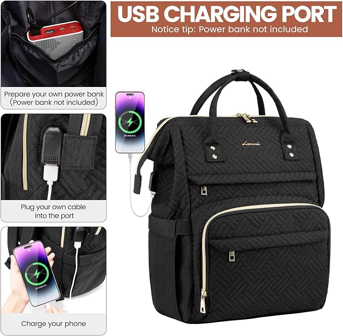LOVEVOOK Laptop Backpack for Women,15.6 Inch Professional Womens Travel Backpack Purse Computer Laptop Bag Nurse Teacher Backpack,Waterproof Work Bags Carry on Back Pack with USB Port,Black Plait