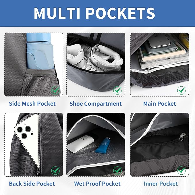 JELUTAR Drawstring Backpack Gym Bag with Shoes Compartment for Soccer, Basketball, Swim, Water-Resistant String Backpack Beach Cinch for Women Men, Dark Grey