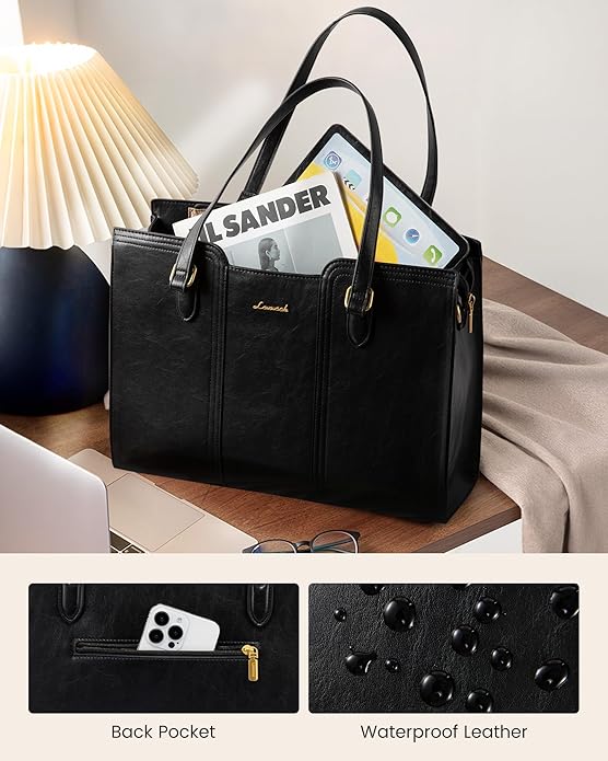 LOVEVOOK 17 Inch Laptop Bag for Women - Stylish Laptop Tote Bag with Wristlet & Vintage Work Bags for Women, Durable and Spacious Design, Black