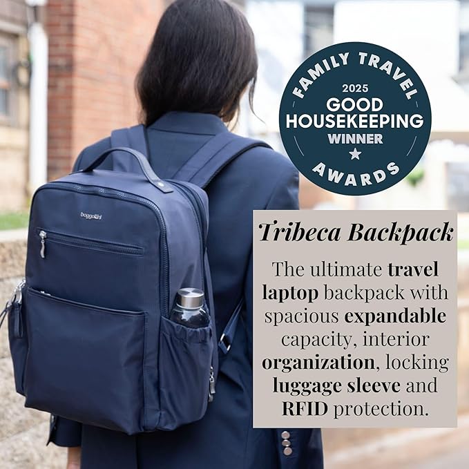 Baggallini Tribeca Expandable Laptop Backpack - 15"x11" Lightweight RFID Computer Bag for Work & Travel with Luggage Sleeve