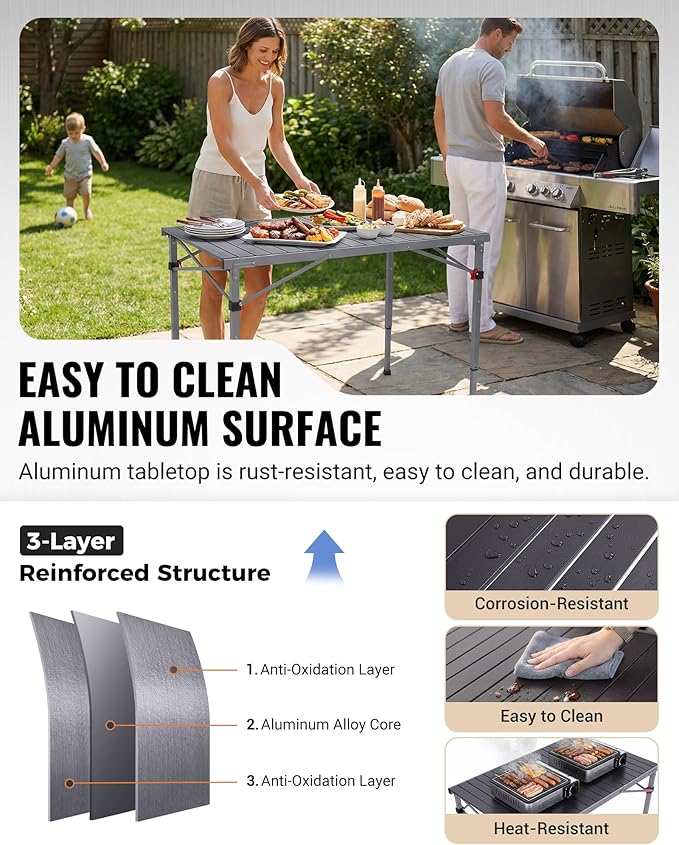 KingCamp Folding Camping Table Foldable Loads 265 Lbs, 42.1"× 27.6" Portable Table 3 Adjustable Height Aluminum Roll Up Camp Table with Carry Bag for Camping Picnic BBQ Backyard, Indoor & Outdoor