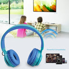 Riwbox WT-7S Kids Bluetooth Headphones, LED Light Up Wireless Foldable Stereo Headset with Microphone and Volume Control for PC/Tablet/TV/Travel (Blue)