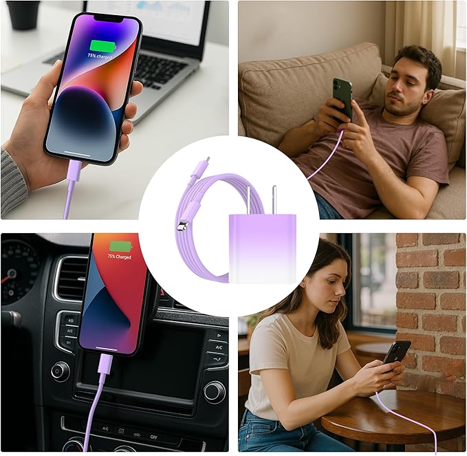 GREPHONE iPhone Charger Fast Charging,20W PD USB C Wall Charger 4 Pack with 6FT Fast Charging Cable - Fast Charger for iPhone 14/14 Pro Max/13/13 Pro/12/12 Pro/11/11 Pro/XS, iPad(Purple)