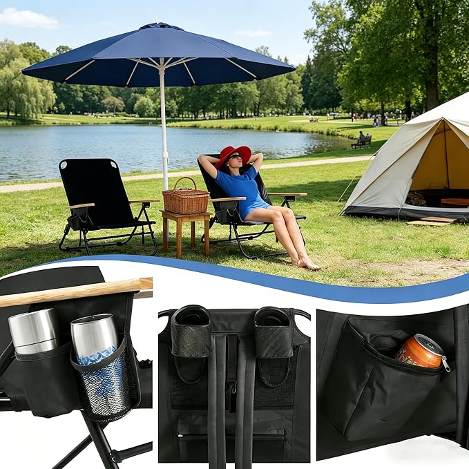 2 Pack Lightweight Portable Recliners Chair for Adults, Outdoor Lay Flat Folding Beach Chairs with 5 Positions, Backpack Beach Chair with, Zipper Pouch, Cup Holder, No Towel Bar, Black