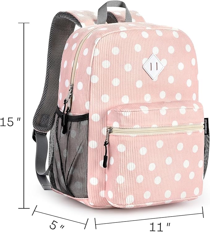 STEAMEDBUN Corduroy Kids Backpack for Girls Boys 3-8, Girls Backpack for Elementary Kindergarten - Polka Dot
