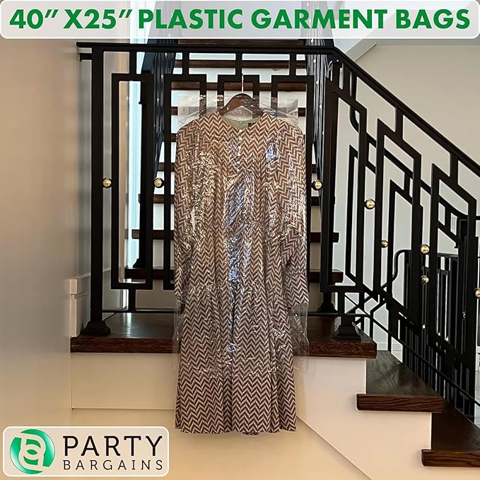 PARTY BARGAINS 40 x 25 Inch Disposable Clear Garment Bags, 50 Pack – Heavy-Duty Plastic Clothes Covers for Suits Dresses Coats, Closet & Travel
