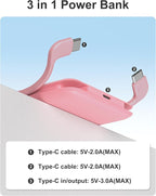 miisso 10000mAh Compatible with iPhone 15/16/17 and Android, Slim Portable Charger with Built in Cable, Power Bank Travel Charger External Battery Pack for Phone, 3 Output USB Type C Cord, Pink