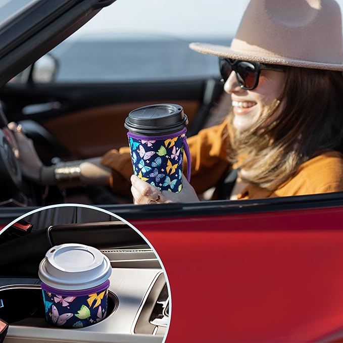 KJQJLY 3 Pack Reusable Iced Coffee Sleeves for Iced Coffee Cups or Drinks Reusable Neoprene Insulated Sleeves for Hot and Cold Drinks from Starbucks, Dunkin, And More (Dark butterfly)