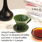 Ceramic Pour Over Coffee Dripper includes 50 Filters Porcelain Coffee Maker 01 Hand Drew Brewing Pottery Green Portable Artisanal Manual Gift for 1-2 People Home, Office, School, Camping
