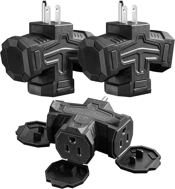 SURAIELEC Outdoor 3 Way Plug Adapter, Multi Plug Outlet Waterproof, 1 to 3 Power Splitter, Electrical 15A Multiple Plug Extender with Cover for Outside Garden Garage Cruise, Black, ETL Listed, 3 Pack