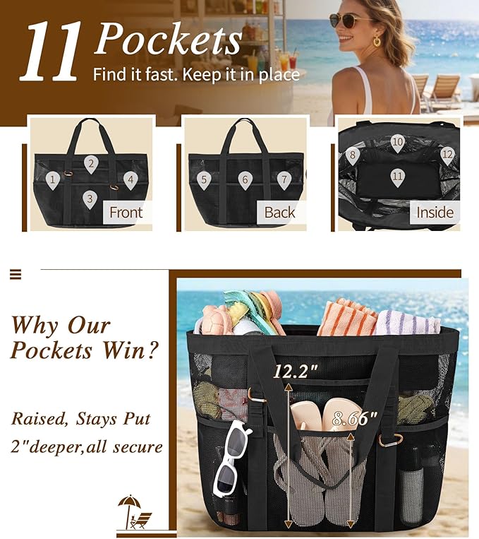 2026 Stylish & Spacious XX-Large Beach Bag for Women – Mesh × Canvas Tote with Top Zipper, 11 Tall Pockets | 40L+ Spacious, 11 Tall Pockets, Zipper Pouch, Secure Zip-Top, Sand-Resistant Base