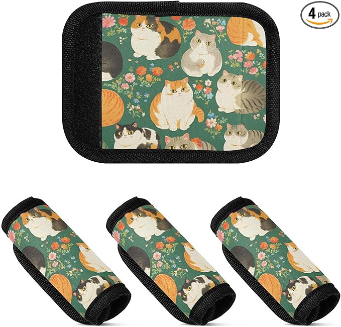 4 PC Luggage Handle Wrap Luggage Handle Covers Tags for Suitcase Bags Travel Luggage Handle Identifier Gripper Scottish Fold Cats Flowers Green
