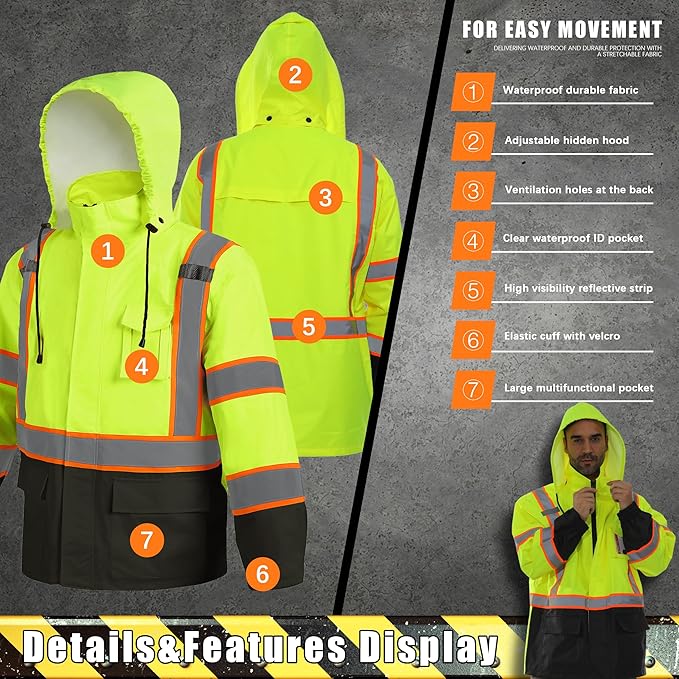 Hi Vis Safety Rain Jacket for Men Women Waterproof Breathable Rain Gears with Mesh Lining Black Bottom Lightweight Work Jacket (2XL/3XL)