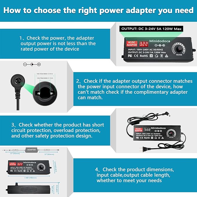 120W Power Supply Adjustable DC 3V ~ 24V Variable Universal Switching AC/DC Adapter Minidodoca AC to DC Converter with LED Voltage Display and 16 Tips, for 3V to 24V Household Electronics - 5000mA Max