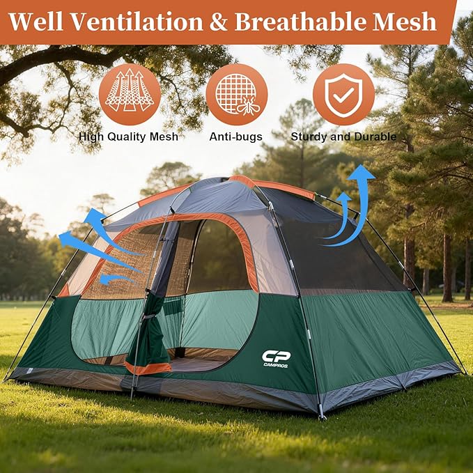 CAMPROS CP Upgraded 6/8 Person Camping Tents, Waterproof Windproof Family Tent with Larger Mesh Windows & Door, Double Layer, Easy Set Up, All-Season Dome Tent with Top Rainfly & Carry Bag