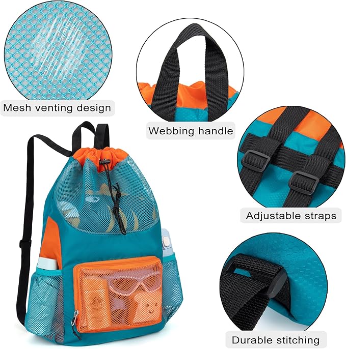 Swim Bag for Kids Mesh Beach Backpack for Boys Lightweight Drawstring Beach Bag Swimming Pool Sports Gym String Bag (Green)