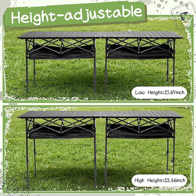 Briwooody 2 Pack Portable Folding Camping Table, Adjustable Height Aluminum Roll-Up Outdoor & Indoor Picnic Table with Large Carry Bag for Beach, BBQ, Travel & Backyard(37.4 x 21.65 Inches)