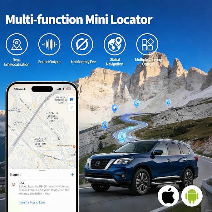 Mini Portable GPS Tracker for Vehicles, Global Tracking, Undetectable GPS Car Tracker, No Monthly Fee/No SIM Card, Tracker Device for Kids, Dogs, Cars, Elderly, Compatible with iOS & Android