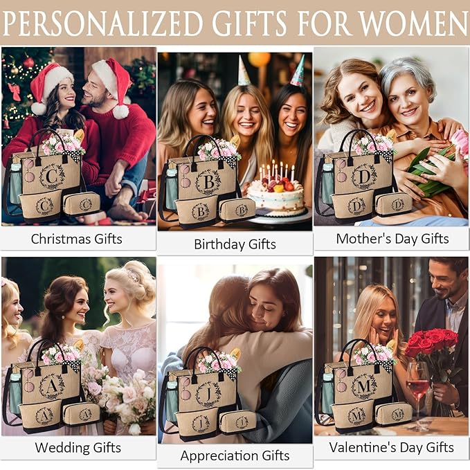 Personalized Gifts for Women Tote Bag, Initial Jute Tote Bag & Makeup Bags Monogrammed Beach Bag w/ Zipper, Mothers Day Birthday Gifts for Women Her Friends Mom Daughter Sister Grandma Teacher Nurse
