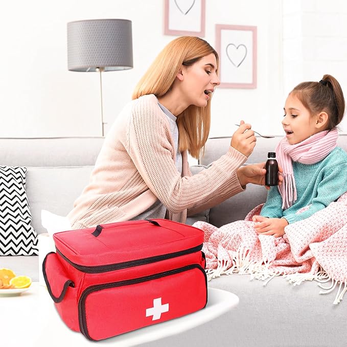 ALSLEA First Aid Bag Empty First Aid Kit Storage Box 12" x 9" x 7" Medical Bag Portable Pill Bottle Organizer Case for Car, Travel, Office, Outdoor, Camping, Hiking, School (Red)