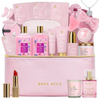 25 Pcs Mother's Day Gift, Rose Bath & Body Gift Basket Set for Women, Hydrating Skin Care Set, Self Care Gifts, Cosmetic Bag, Necklace, Christmas, Birthday, Anniversary, Mom, Wife