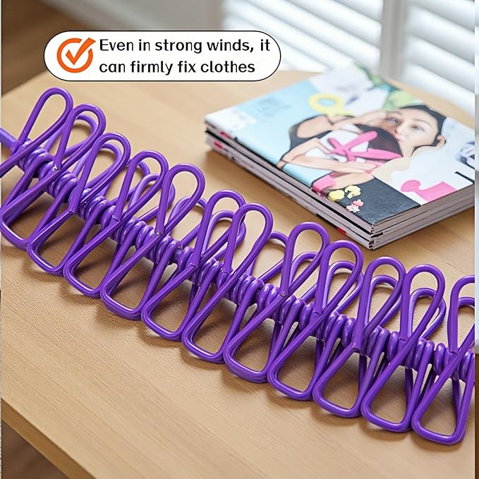Portable Clothesline with 12 Clips - Extends 12ft, Heavy Duty Stainless Steel Hooks, Windproof for Travel/Camping/Indoor Use, Purple