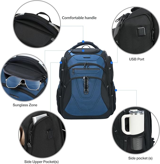 KROSER TSA Friendly Travel Laptop Backpack 18.4 inch XXXL Gaming Backpack Water-Repellent College Daypack Business Backpack with RFID Pockets & USB Port for Men/Women-Black/Haze Blue