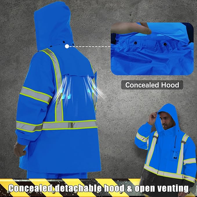 Hi Vis Safety Rain Jacket for Men Women Waterproof Breathable Rain Gears with Mesh Lining Black Bottom Lightweight Work Jacket Blue L/XL