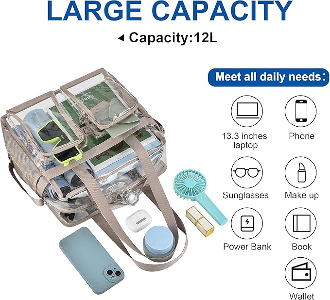 XCU Clear Bag for Stadium Events 12x6x12 Large Clear Tote Bag Transparent Lunch Bag Adjustable Straps for Concert Sports Work