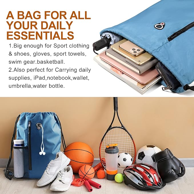 BeeGreen Blue Drawstrings Backpack Gym Sack For Men With Water Bottle Pocket &Front Zippered Pocket Large Sting Bags For WomenTraveling Yoga Beach Outdoor Gym