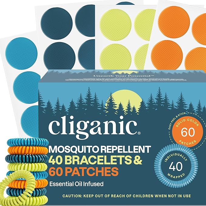 Cliganic Mosquito Repellent Bracelet Stickers Pack for Kids & Adults Multi Color, Natural DEET-Free, Essential Oil Infused 40 Bands with 60 Patches, Citronella Scent