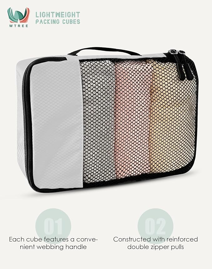WTREE 4-Piece Packing Cubes Travel Accessories Set for Suitcases - Luggage Organizer Bags with Double Zipper - Mesh Top - Small - Beige